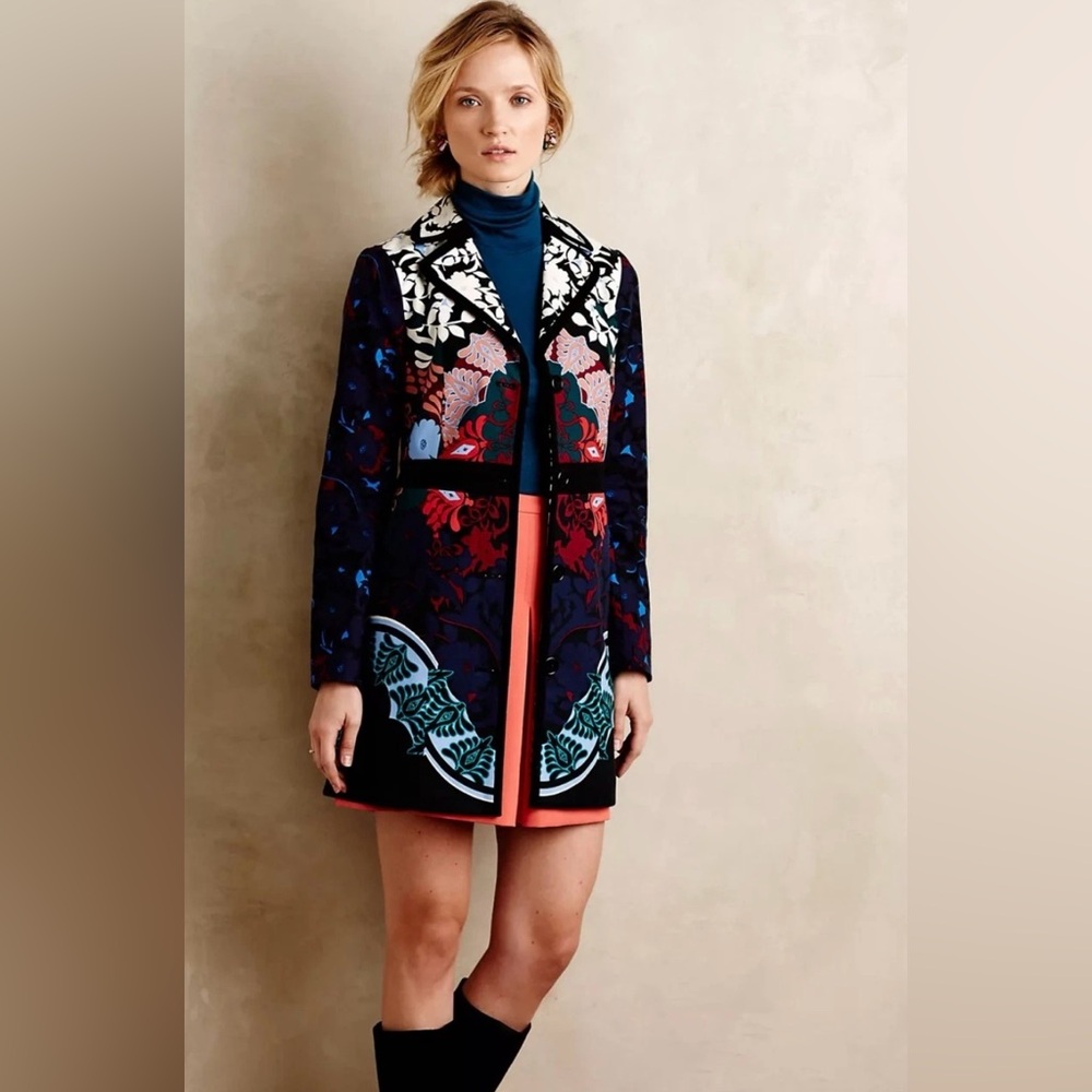 Anthropologie Elevenses. Florilege Coat, Floral, Vibrant Colors 0P